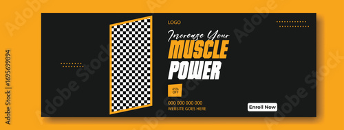 Dynamic graphic design poster showcasing powerful muscle man flexing in a golden frame with bold typography announcing a fitness event