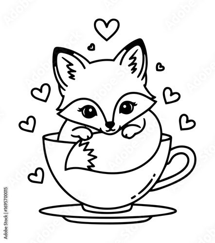 cute kawaii fox in a teacup with hearts coloring page