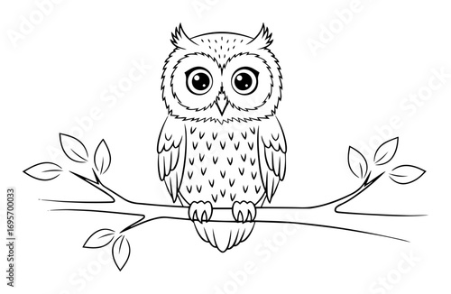 cute cartoon owl on branch line art for coloring