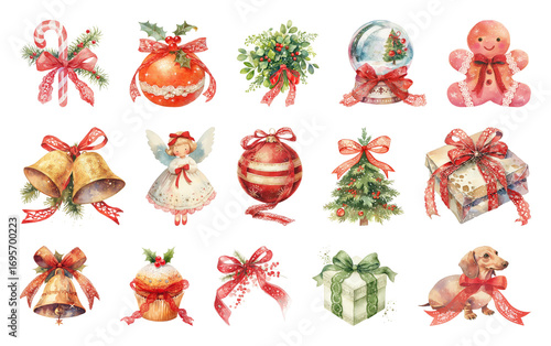 PNG Watercolor festive Christmas decorations, element set on transparent background