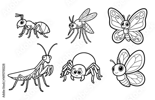 cute cartoon insects set black and white vector