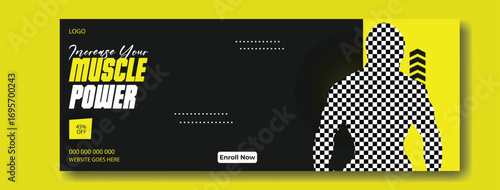 Muscular man posing confidently with dramatic lighting and muscle power text overlay