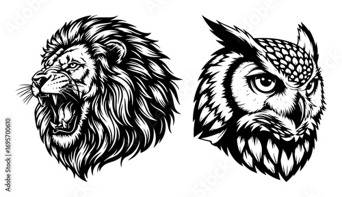 roaring lion and owl head mascot vector illustration