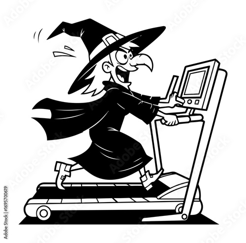 cartoon witch running on treadmill fitness halloween vector illustration