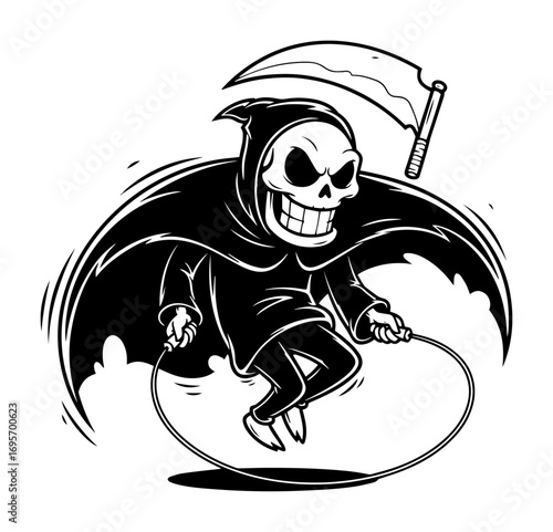 grim reaper jumping rope cartoon skeleton mascot halloween vector illustration
