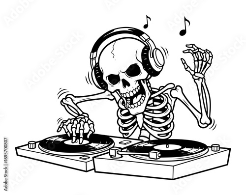 skeleton dj mixing music on turntables cartoon vector