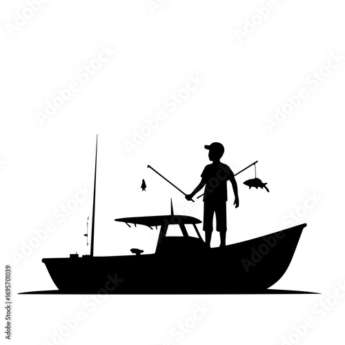 fisherman on the boat, silhouette, boat, vector, illustration, water, fishing, sea, black, fish, sport, fisherman, cartoon, people, helicopter, ship, art, airplane, ocean, business, air, nature, lake,