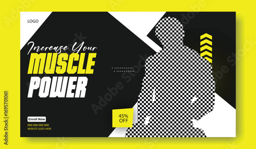 Muscular man holding dumbbells in gym promoting muscle power and fitness with bold typography