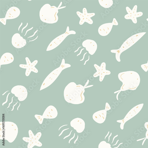 Hand painted underwater sea creatures like starfish, jellyfish, sting rays moving diagonally in subtle colors of off white and sage green. Minimal sea life seamless vector pattern. Great for homedecor
