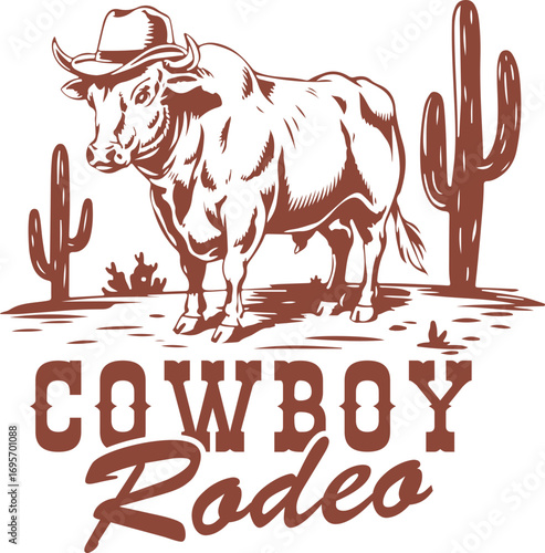 Cowboy Rodeo Bull with Hat in Desert Scene – Wild West Vintage Animal Illustration Featuring Cactus Landscape and Country Rodeo Theme