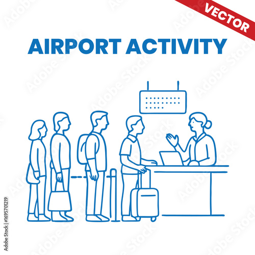 Group of passengers in line at airport check-in counter outline illustration airport activity