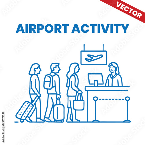 People waiting to check-in at airport counter outline graphic illustration airport activity