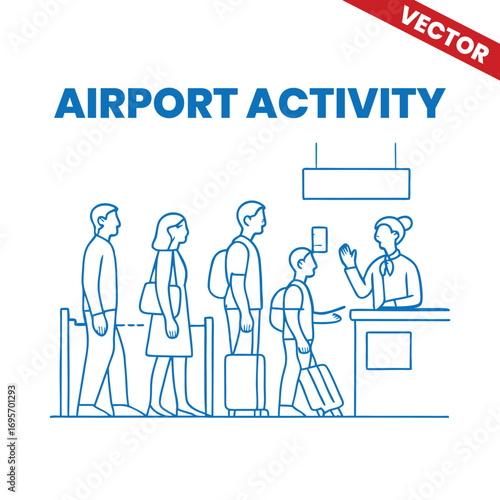 Airline travelers standing in queue at check-in counter outline graphic airport activity
