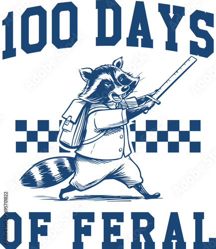 Raccoon with Sword – 100 Days of Feral – Hilarious Wild Animal Warrior in Uniform with Backpack, Meme Style Illustration for Funny Milestone Celebrations