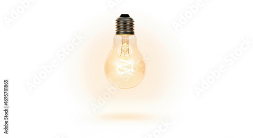 Vintage incandescent light bulb, glowing warmly against a plain white background.