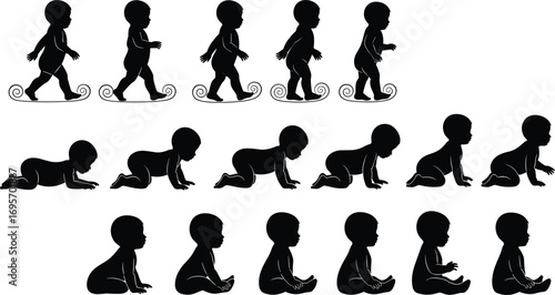 Baby development silhouette vector showing progression from lying to sitting, crawling, and walking, infant motor skills and movement milestones
