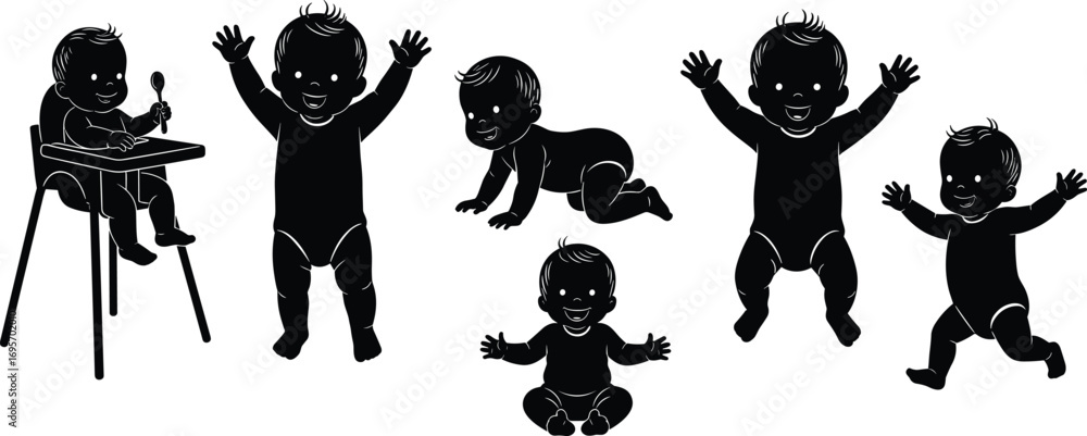 Naklejka premium Baby development silhouette vector showing stages from sitting and crawling to walking and jumping, early childhood movement and growth milestones