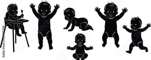 Baby development silhouette vector showing stages from sitting and crawling to walking and jumping, early childhood movement and growth milestones