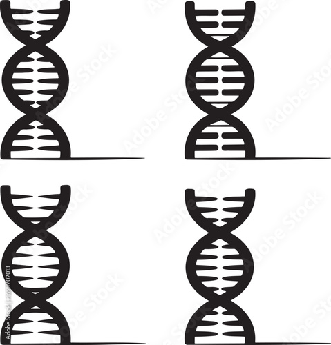 Set of DNA Helix Icons – Black Molecular Structure Silhouettes for Science, Genetics, and Medical Design 