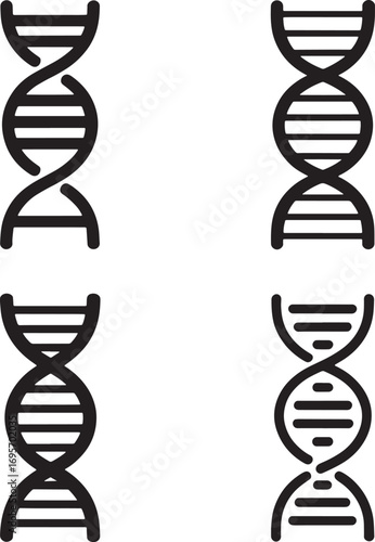 Set of DNA Helix Icons – Black Molecular Structure Silhouettes for Science, Genetics, and Medical Design 