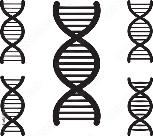 Set of DNA Helix Icons – Black Molecular Structure Silhouettes for Science, Genetics, and Medical Design 