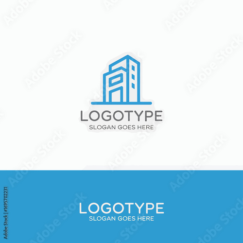 Modern minimalist blue building logo template design for real estate corporate branding and business identity, easily customizable for professional use