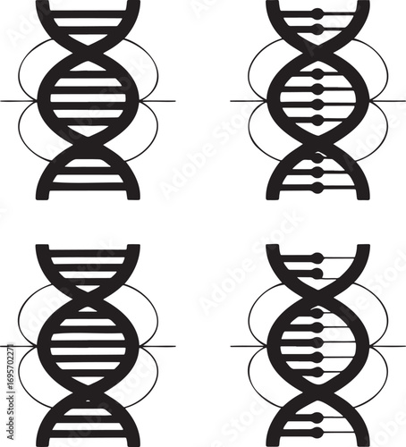 Set of DNA Helix Icons – Black Molecular Structure Silhouettes for Science, Genetics, and Medical Design 