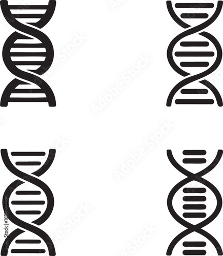 Set of DNA Helix Icons – Black Molecular Structure Silhouettes for Science, Genetics, and Medical Design 