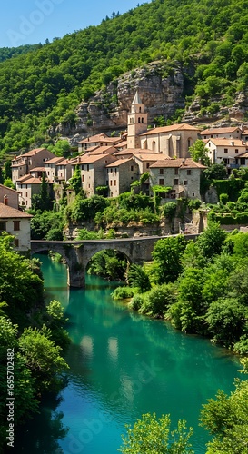 Picturesque Medieval Village of Labeaume in Ardeche, France, with River and Lush Green Landscape.