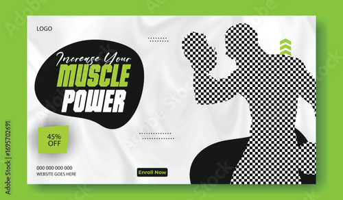 Muscular man exercising and promoting fitness with a bold increase your muscle power message