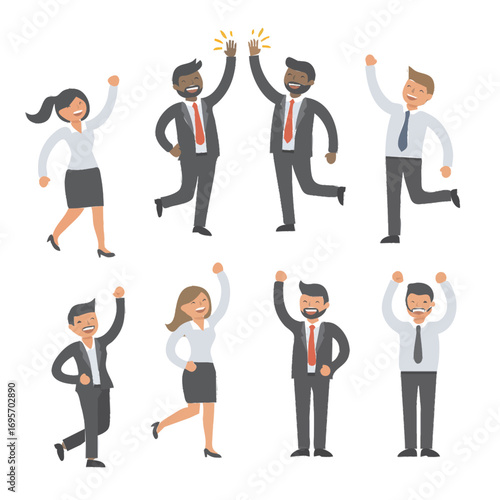 Happy diverse business team celebrating success and victory flat vector illustration