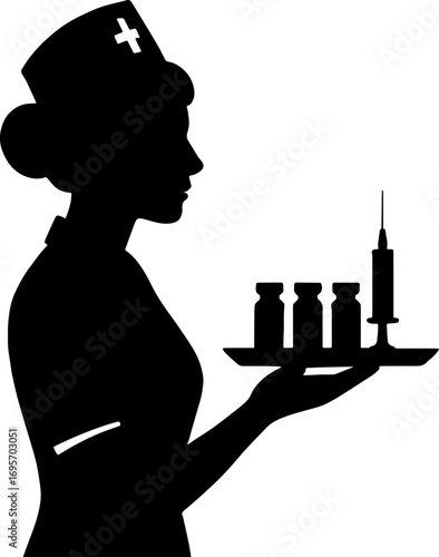 Nurse Carrying Tray of Vaccines - Health Protection Silhouette With White Background Vector 