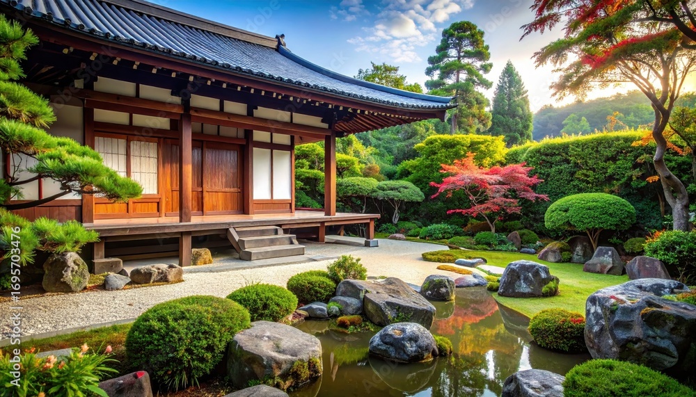Obraz premium A serene Japanese garden with a traditional wooden building, lush greenery, and a tranquil water feature, bathed in the soft morning light.