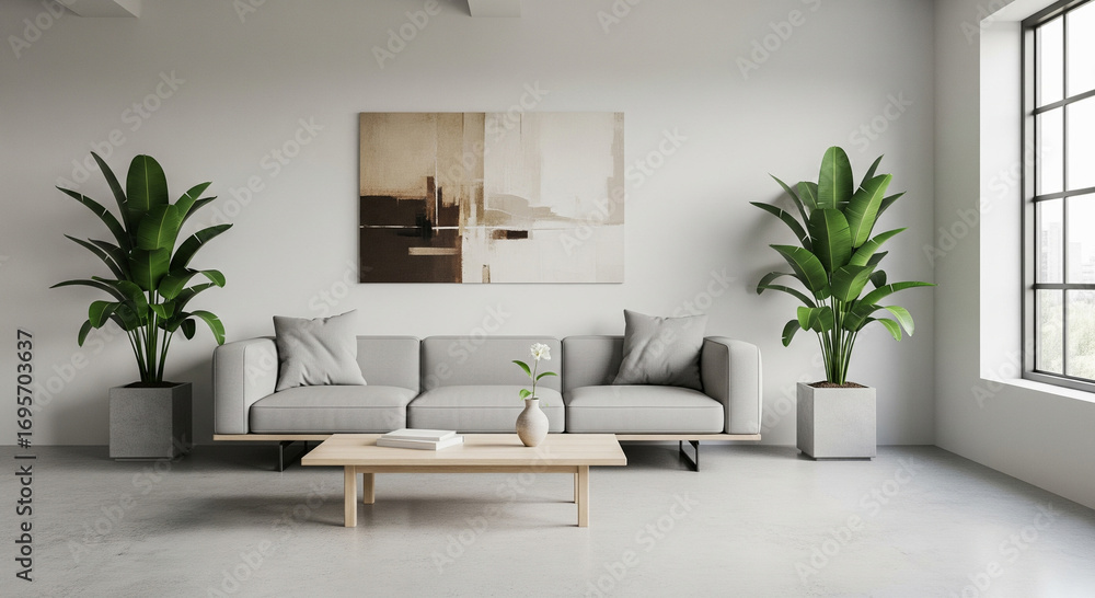 Fototapeta premium Bright, minimalist living room with a grey sofa, coffee table, artwork, potted plants, and a large window.
