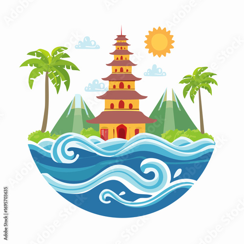 Stylized illustration of a tropical island with a pagoda temple, palm trees, mountains, and ocean waves.
