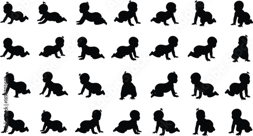 Silhouette Grid of Crawling Babies in Diverse Poses, Infant Movement Variations, Black Vector Icons for Development, Pattern, and Education Use