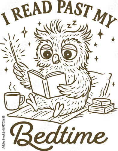 Owl Reading Book – I Read Past My Bedtime – Cute Bookworm Night Owl Illustration with Magical Sparkles and Hot Drink in Cozy Line Art Style