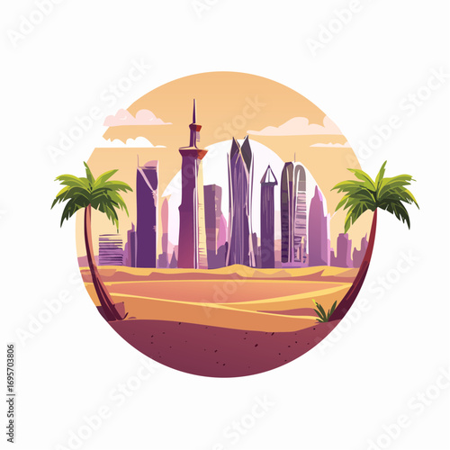 A stylized circular illustration of a futuristic city skyline in a desert landscape with palm trees at sunset.
