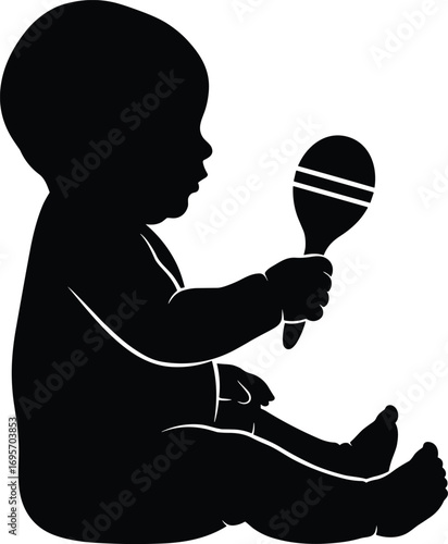 Silhouette of Baby Sitting and Holding Maraca, Early Childhood Play, Musical Toy Interaction, Black Vector Art for Development Themes