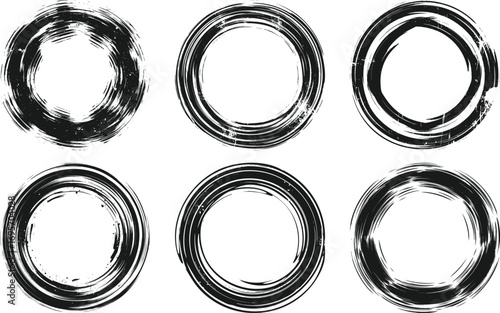 grunge circle set, distressed round frames, dirty ink borders, abstract textured strokes