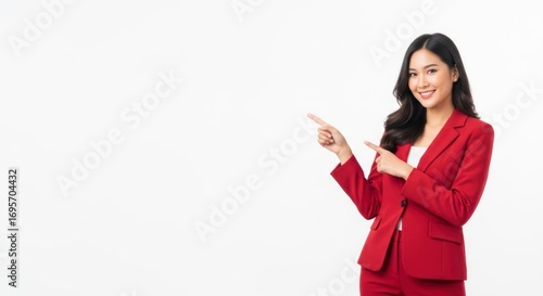 Woman in red suit pointing to the left