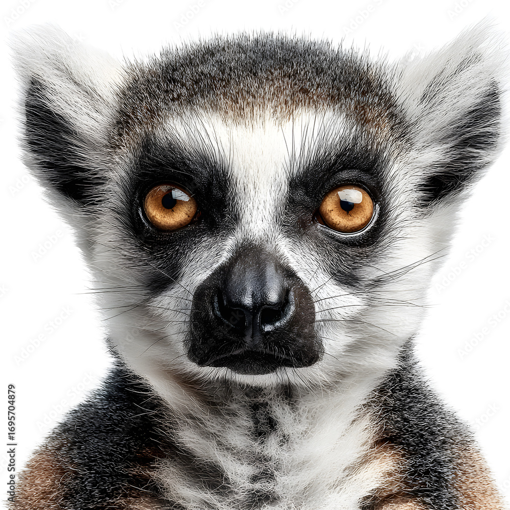 Fototapeta premium Ring-tailed lemur front view white isolated background image, clear detail and natural light, simple clean look simple style clean look soft tone calm mood minimal style natural light clear focus high