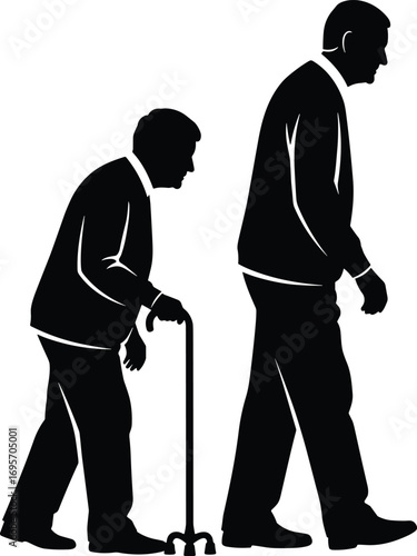 Silhouette of elderly person with cane walking beside younger adult—aging, mobility contrast, health care, rehabilitation vector illustration