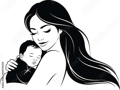Silhouette of Mother Holding Sleeping Baby, Maternal Love and Bonding, Peaceful Emotion, Black Vector Art for Parenting and Care