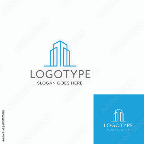 Modern minimalist blue line art building logo design template for real estate business branding, symbolizing growth and professionalism with clean, contemporary appeal for corporate identity creation.