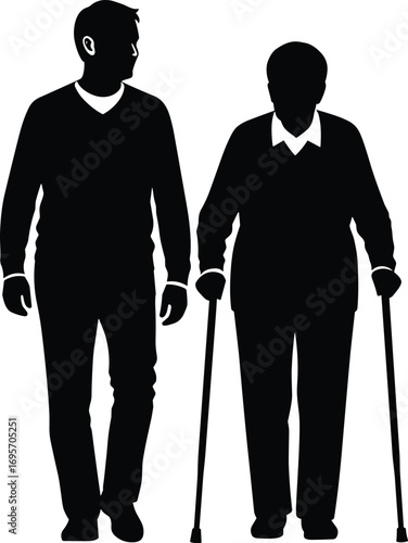 Silhouette of two people walking—one using dual canes for support, highlighting aging, disability, caregiving, and mobility assistance themes