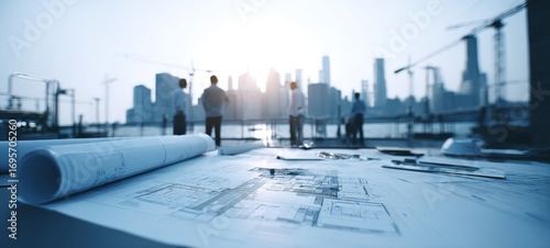 Modern Architecture Team Reviewing Blueprints at Construction Site with City Skyline, Focus on Project Planning, Permits, and Government Approval – Professional, Clean, Realistic Scene