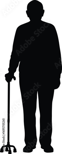 Silhouette of Standing Person Holding Quad Cane, Mobility Aid, Elderly Support, Rehabilitation, Black Vector Art for Medical Use