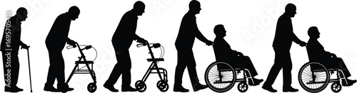 Silhouette Sequence of Elderly Mobility Aid Progression from Cane to Wheelchair, Caregiver Support, Aging Decline, Black Vector Art