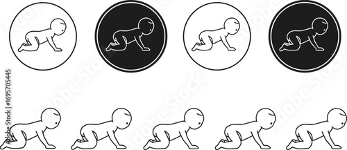 Silhouette Sequence of Crawling Baby in Motion, Developmental Stages, Black and White Vector Icons for Education, Animation, Parenting Use